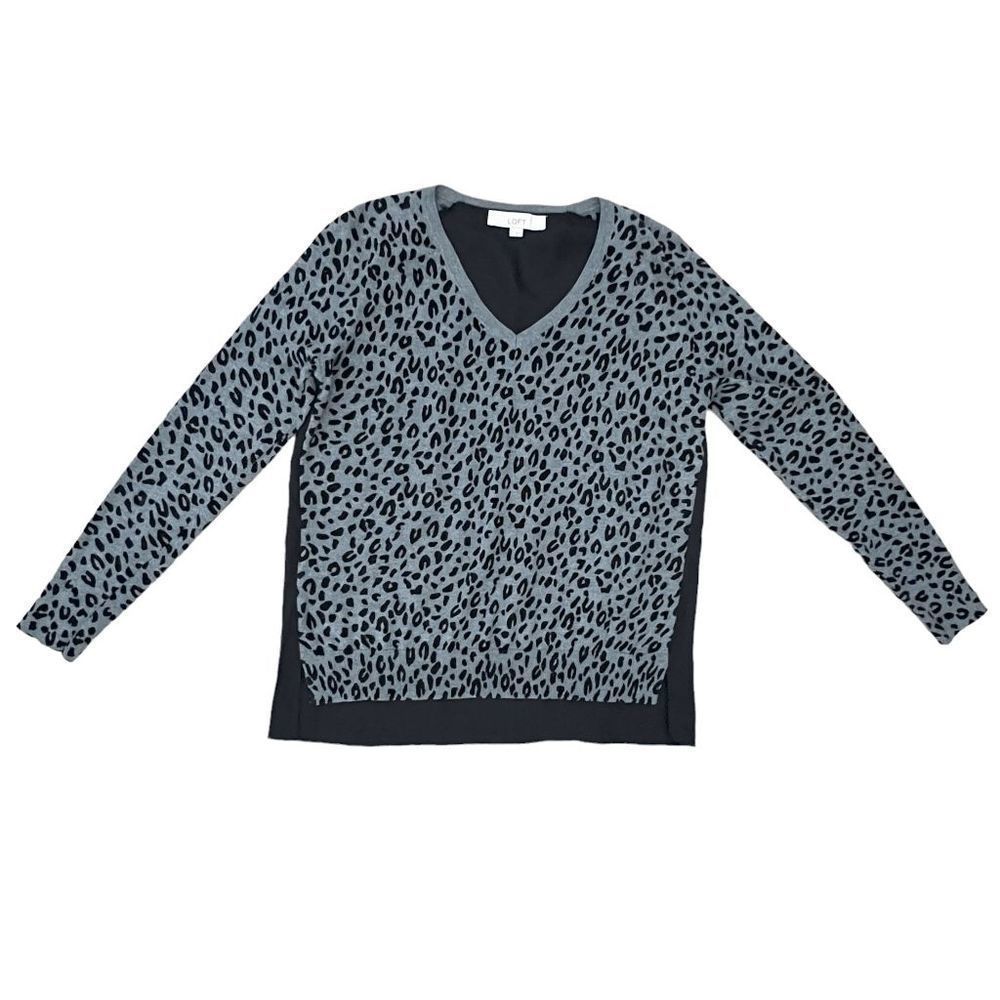 Loft Size S Mixed Fabric V-Neck Pullover Sweater Top Black Grey High Low